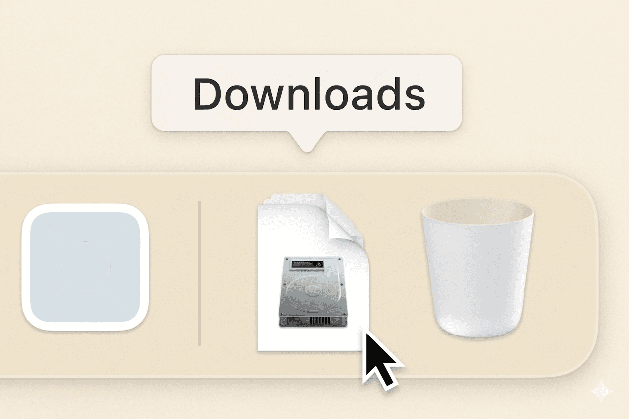 macOS Dock with the Downloads stack open; pointer on the Sally disk image file