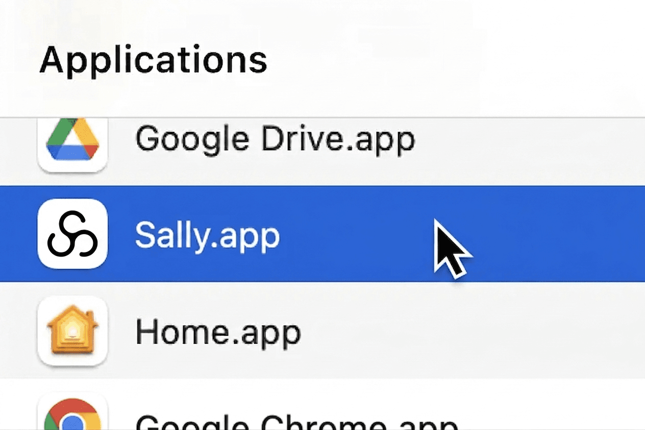 Finder Applications folder with Sally.app selected in the list